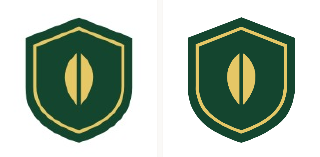A shield patch in dark green with a gold inner rule and a leaf shape: on the left a small compressed copy; on the right flat colour with clean edges.