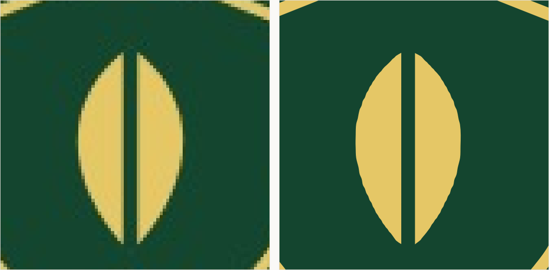 The shoulder of the shield and the inner rule magnified: on the left the two edges merge into a grey band; on the right they are separate clean lines.