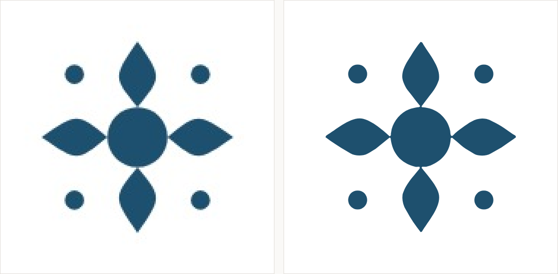 A symmetrical flower motif in indigo with four petals and corner dots: on the left a small compressed copy; on the right flat exact colour with clean edges.