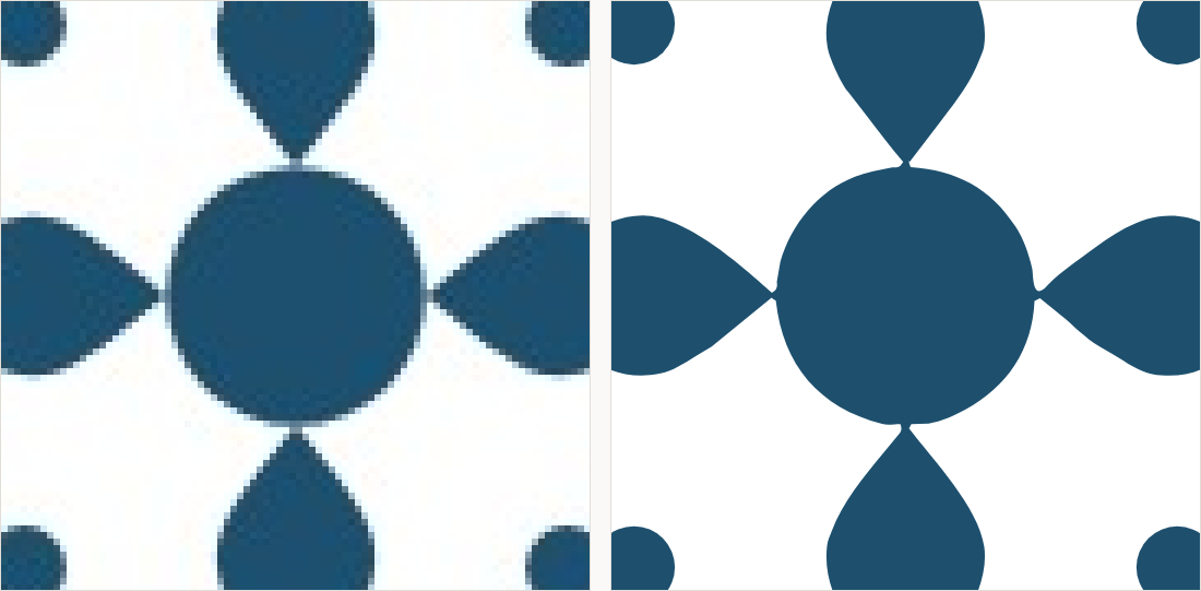 The center of the motif and one petal magnified: on the left speckled edges with grey fringing; on the right clean curves meeting the center cleanly.