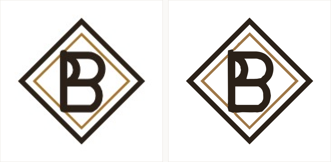 A letterform inside a double diamond in black and bronze: on the left a small compressed copy; on the right clean even strokes and flat colour.
