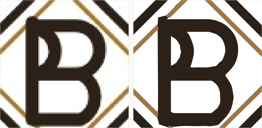 The center of the monogram magnified: on the left the inner rule and the letter stroke blur together; on the right they are clearly separate.