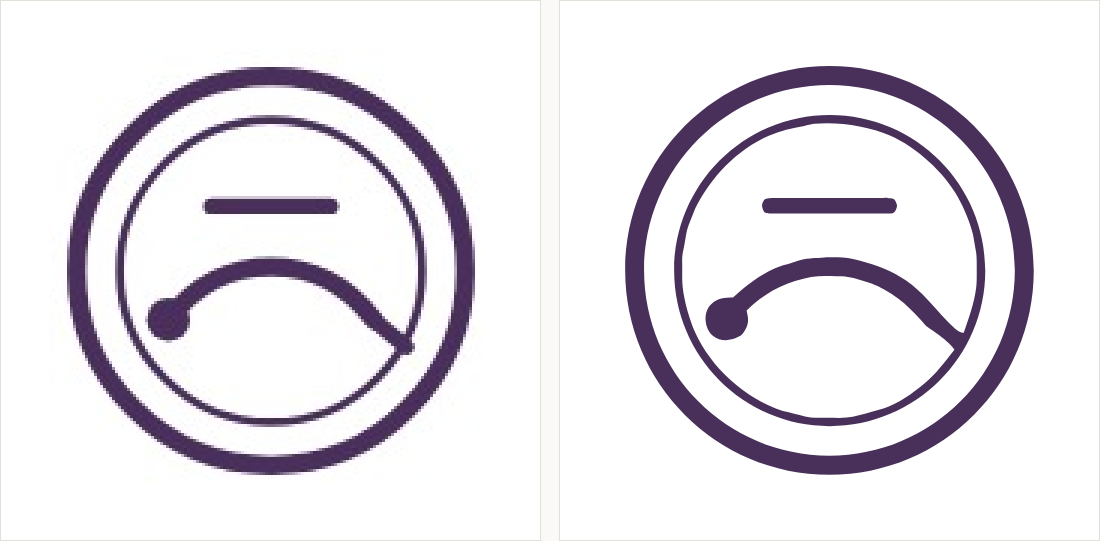 A circular stamp mark with a needle and thread motif: on the left a small compressed copy with grey fringes; on the right pure black lines on white.