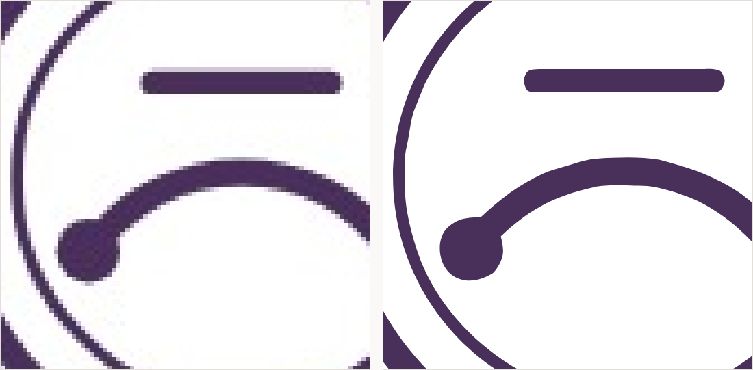 The thread curve and the outer ring magnified: on the left they are broken grey strokes; on the right two clean even black lines.