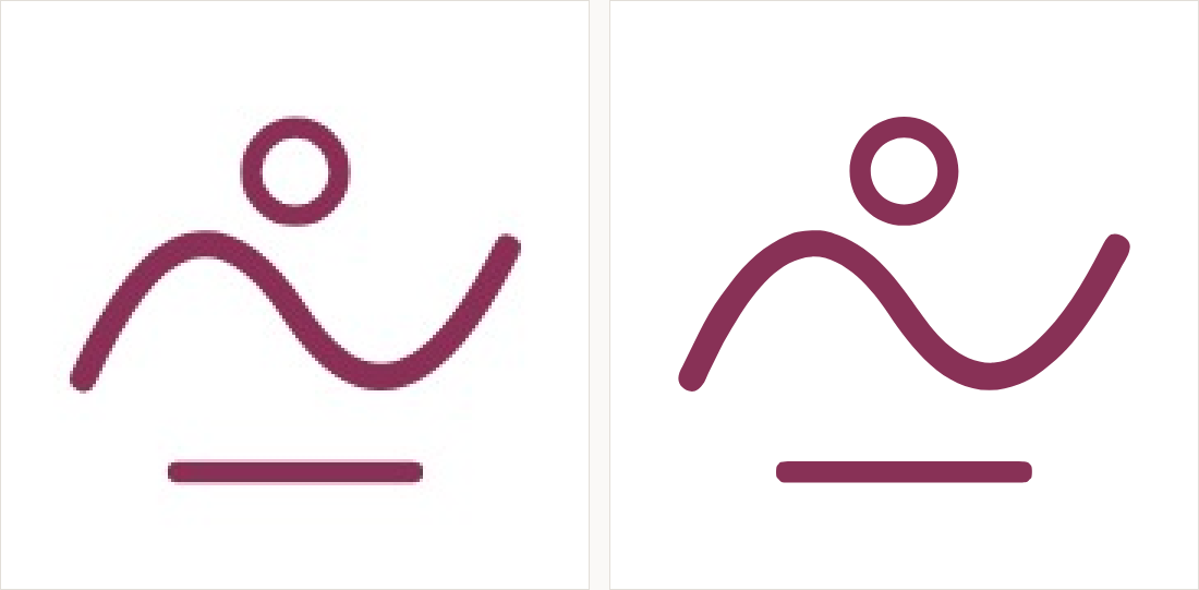 A flowing script-like stroke with a circle above: on the left soft and uneven; on the right an even, continuous path.