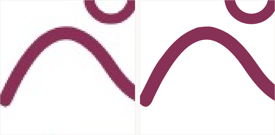 The start of the stroke magnified: on the left a ragged pixel edge; on the right a clean, even-width path.