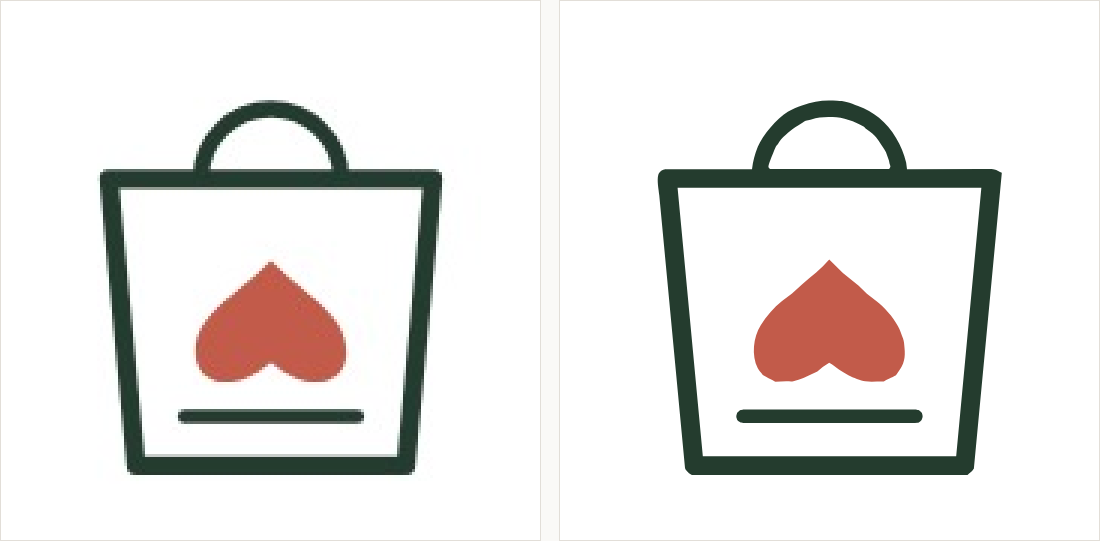 A bag outline with a handle and a heart-shaped motif: on the left a small compressed copy; on the right clean outlines and flat colour.