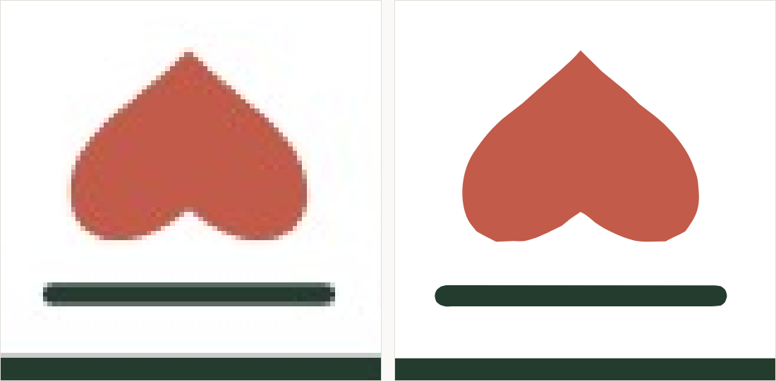 The motif on the bag magnified: on the left the curves break into pixel steps; on the right they are smooth continuous curves.