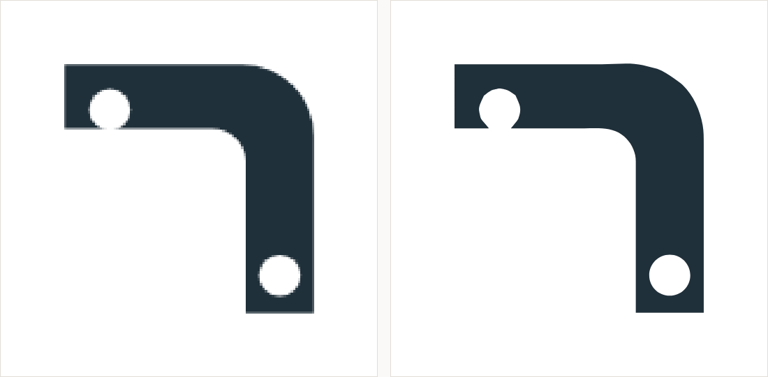 A bracket profile with two bolt holes: on the left the pixelated source image; on the right a clean two-colour vector with a smooth radius.