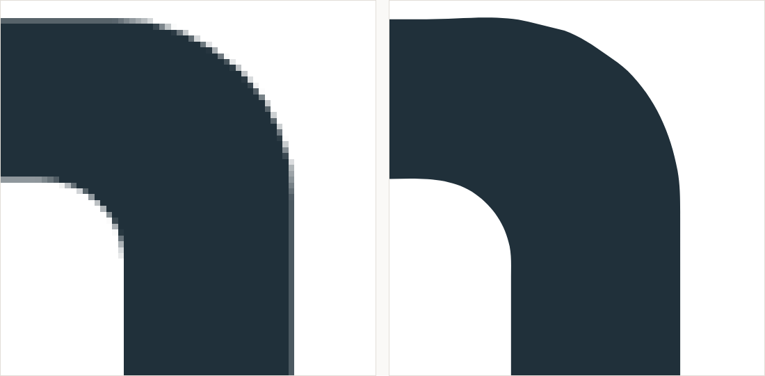 The curved shoulder of the bracket magnified: on the left a visible staircase of pixels; on the right a smooth continuous arc.