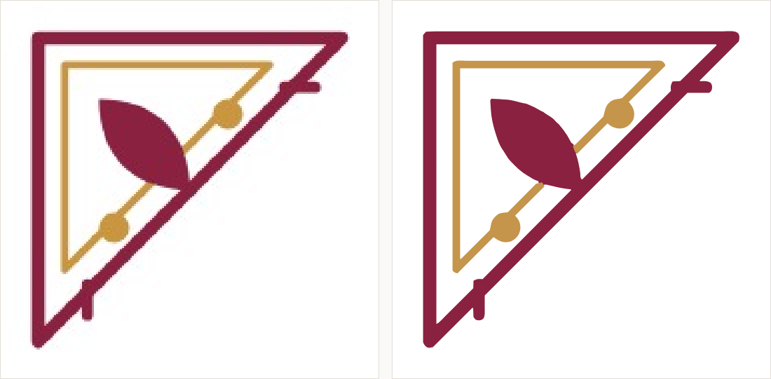 A triangular corner design with a double border and a curved leaf shape: on the left a small compressed copy; on the right clean edges and flat colour.