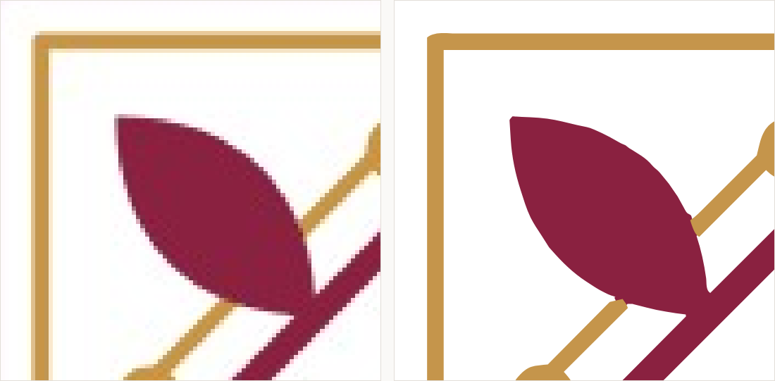 The outer and inner border lines at the corner magnified: on the left the two rules blur into one another; on the right two distinct even lines meeting at the corner.