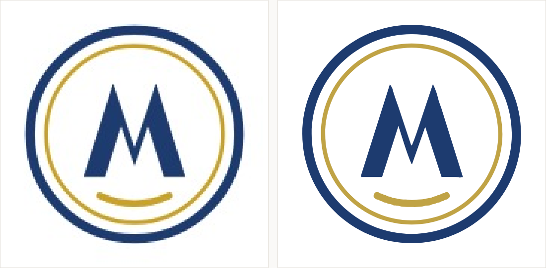A navy and gold circular monogram: on the left the small JPEG copy with soft, speckled edges; on the right the vectorized version with clean edges and flat colour.