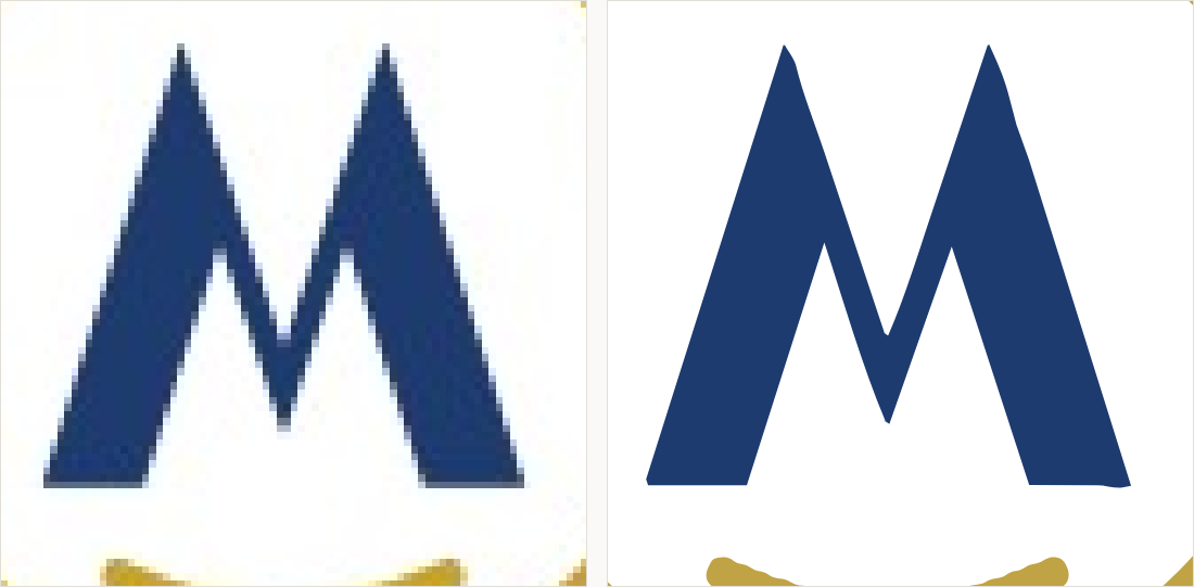 The top of the letter M magnified: on the left a staircase of soft grey and blue pixels; on the right a single crisp point with straight edges.
