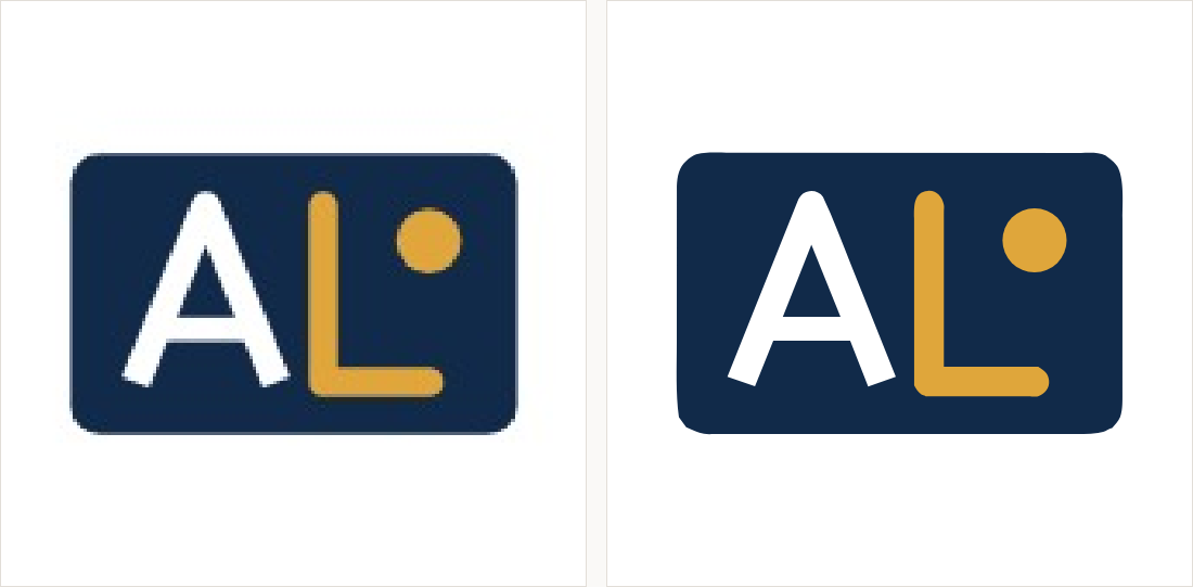 A dark blue rounded badge with a white letterform and a gold mark: on the left the small compressed copy; on the right flat colour with clean corners.