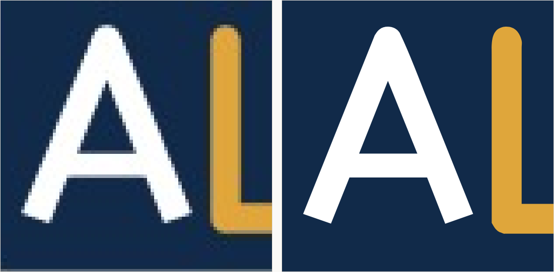 The corner of the badge magnified: on the left the rounded corner is a stack of blocky pixels; on the right it is a smooth radius.