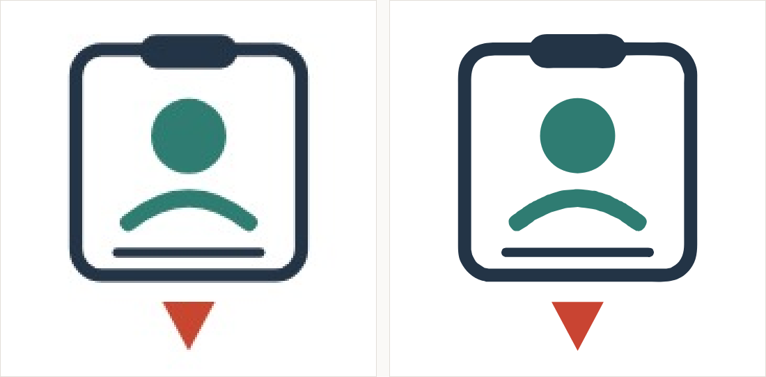 A badge outline with a tab, a teal disc and a red ribbon: on the left the small JPEG copy with soft edges; on the right clean outlines and flat colour.