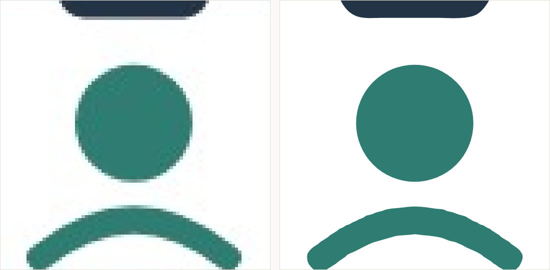 The top tab of the badge magnified: on the left the rounded tab breaks into grey blocks; on the right it is a clean shape with even edges.
