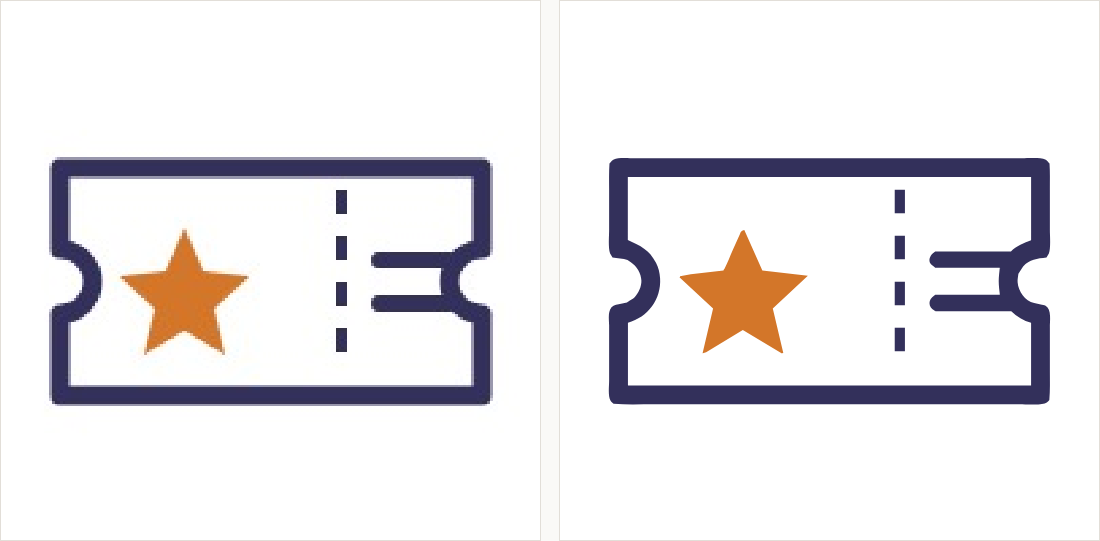 A ticket outline with notched sides, a dashed tear line and a star: on the left a small compressed copy; on the right clean even outlines.