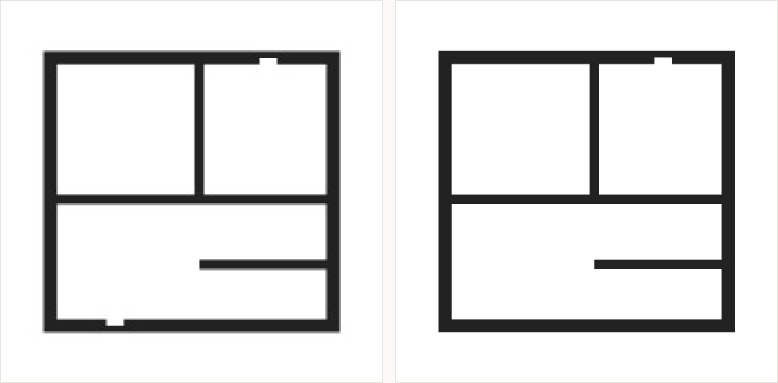 A simple floor plan outline with internal walls: on the left grey, uneven lines from a screenshot; on the right even black walls with square corners.