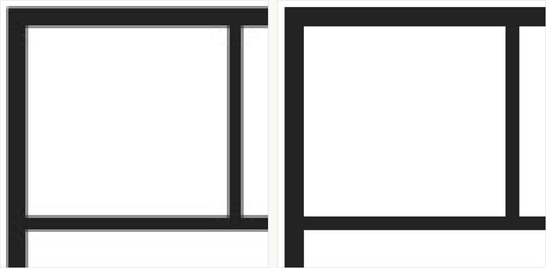 A wall corner magnified: on the left a grey blurred junction; on the right two straight walls meeting at a clean right angle.