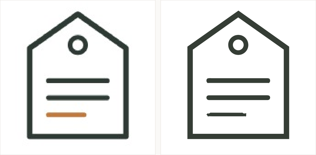 A tag outline with an angled top, a punch hole and rule lines: on the left a small compressed copy; on the right clean even outlines.