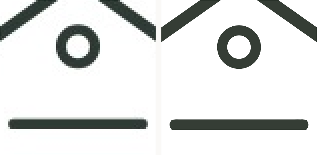 The punched hole and angled shoulder magnified: on the left the circle is a ragged ring of pixels; on the right a clean circle and a straight edge.
