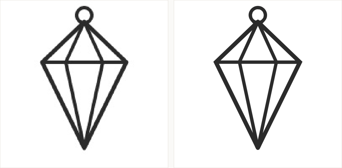A line drawing of a faceted pendant: on the left the scanned copy with grey, uneven strokes; on the right the vectorized version with even black lines.