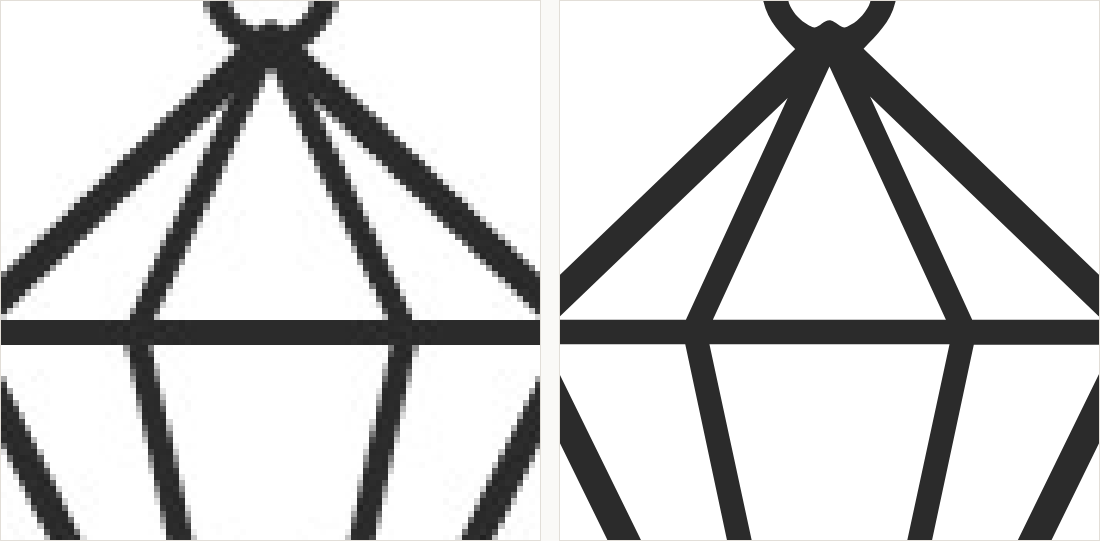 The top of the pendant magnified: on the left the converging lines break up into grey pixel clusters; on the right they meet as clean straight strokes.