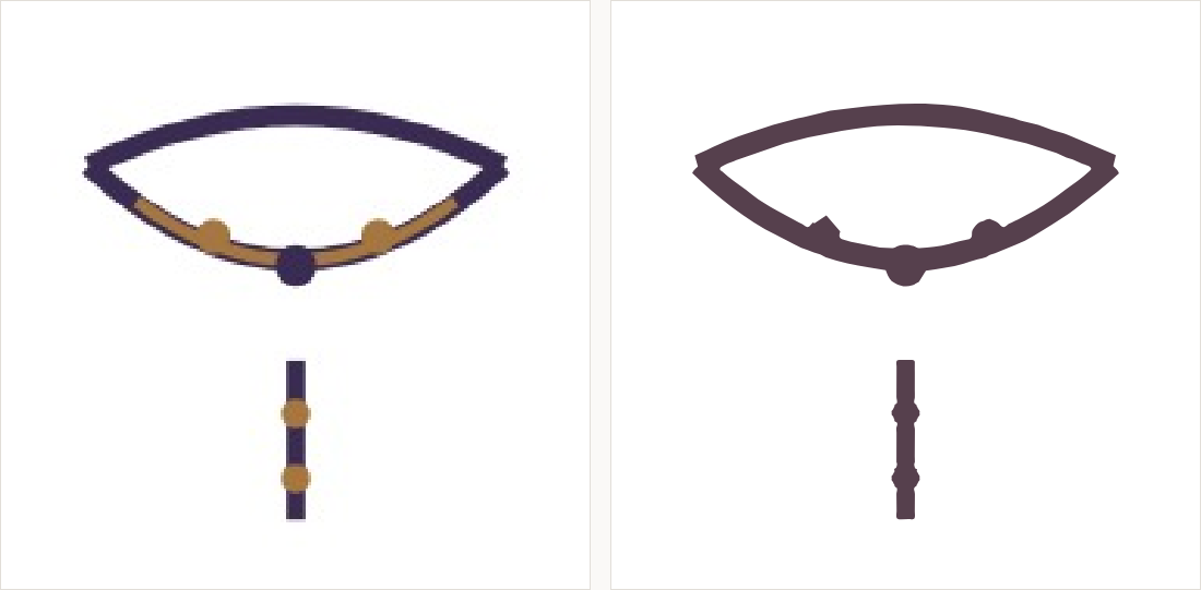 A yoke curve with a vine of dots below it and a placket line: on the left a small compressed copy with broken grey lines; on the right clean even strokes.