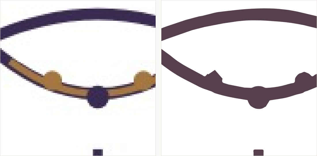 The yoke curve meeting the placket magnified: on the left a grey smudge where the lines cross; on the right two clean strokes meeting cleanly.