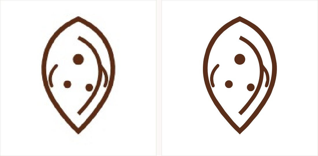 A paisley outline with inner curves and dots: on the left a small compressed copy with grey broken strokes; on the right even dark lines.