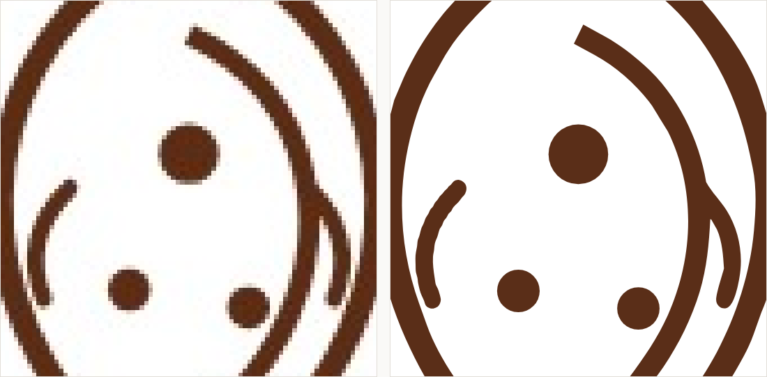 The inner curves of the paisley magnified: on the left the strokes break into grey clusters and nearly touch; on the right they are separate even lines.