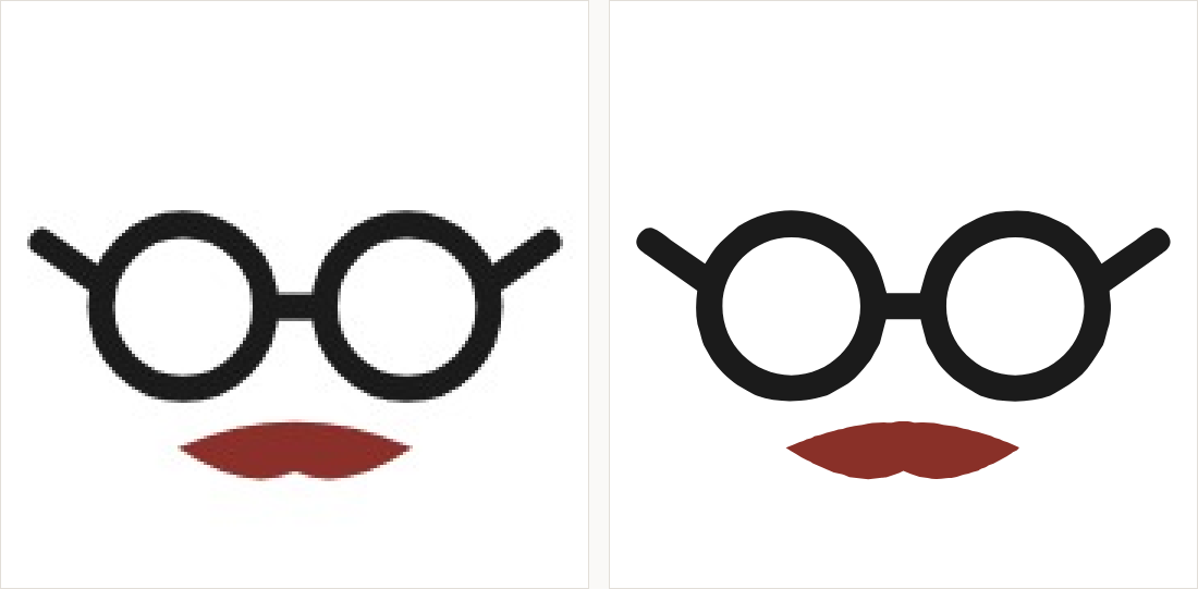 Round glasses with arms and a moustache below: on the left a small compressed copy; on the right clean circles and even strokes.