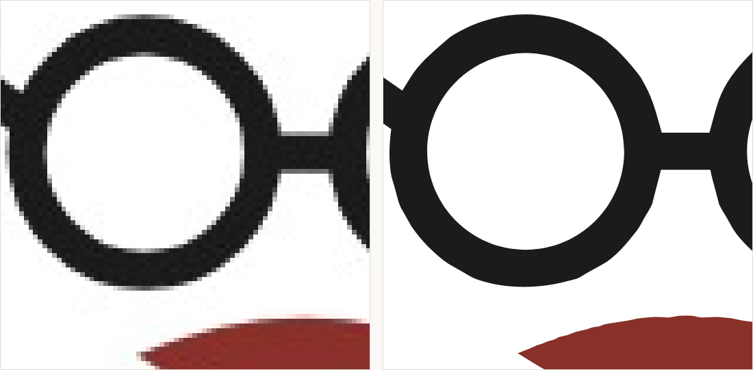 The left lens and arm magnified: on the left a fuzzy ring of pixels; on the right a clean circular outline with an even stroke.