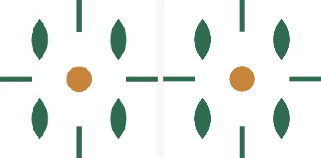 A tile with leaf shapes at the corners, a central dot and lines running to the edges: on the left a small compressed copy; on the right clean shapes and exact colour.