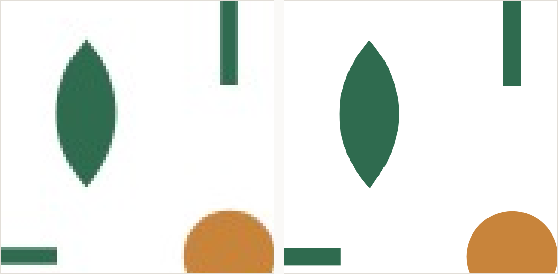 A corner leaf and the line running to the tile edge magnified: on the left the line frays into grey pixels at the edge; on the right it ends as a clean straight edge.