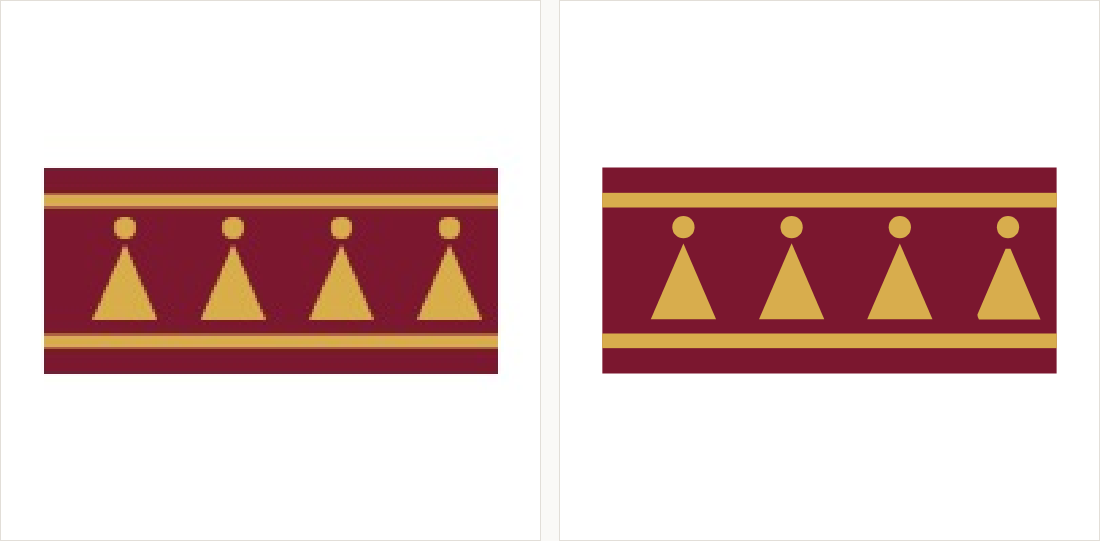 A deep red border band with gold rules and repeating triangular temple motifs: on the left a small compressed copy; on the right flat exact colour with clean edges.