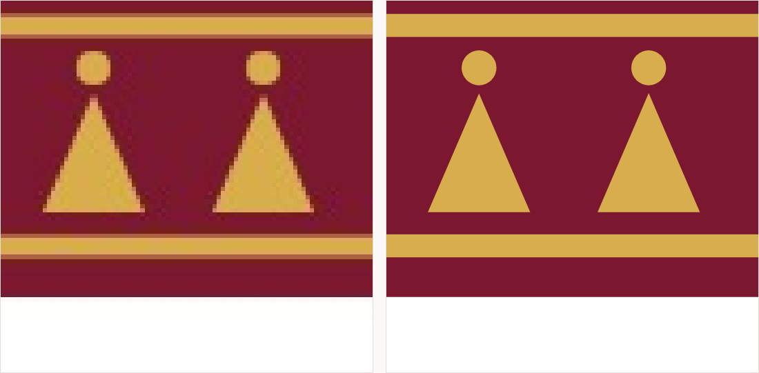One triangular motif and the gold rule magnified: on the left the edges are speckled and the rule is uneven; on the right straight edges and an even rule.
