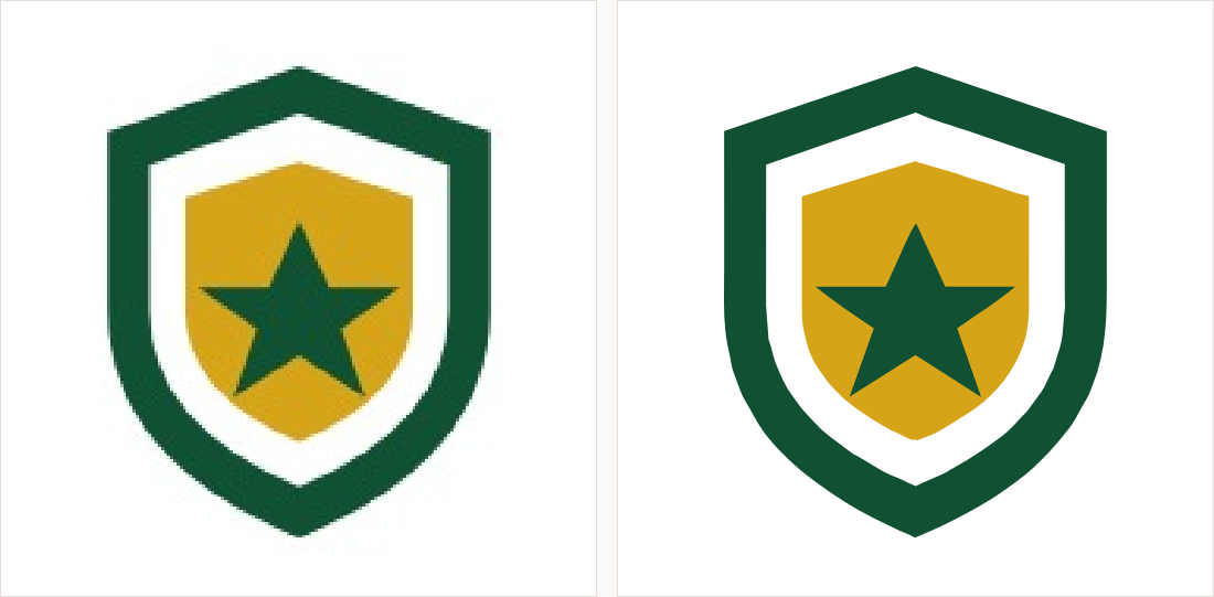 A green and gold shield crest with a star: on the left a small JPEG with muddy edges and colour speckle; on the right the vectorized version with flat exact colours.