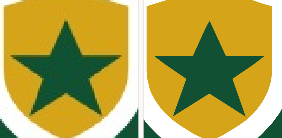 The star at the center of the crest magnified: on the left its points dissolve into blocky pixels; on the right the points are sharp and the edges straight.