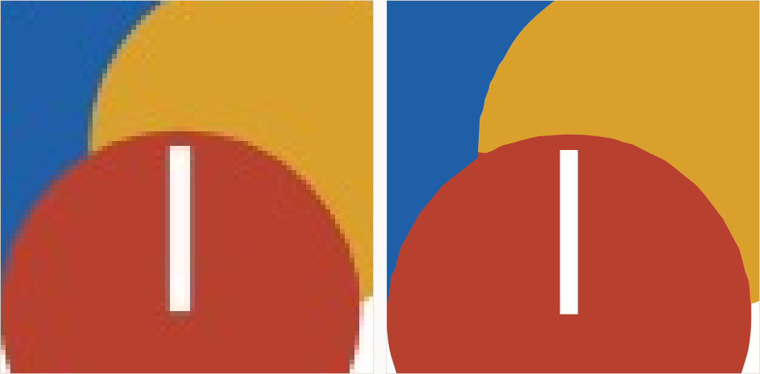 Where the three circles overlap magnified: on the left the boundaries are bands of blended colour; on the right each boundary is a single clean edge.