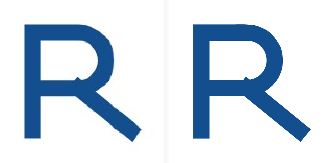 A blue letter R: on the left a small pixelated copy with fuzzy strokes; on the right a clean vector with straight stems and a smooth bowl.