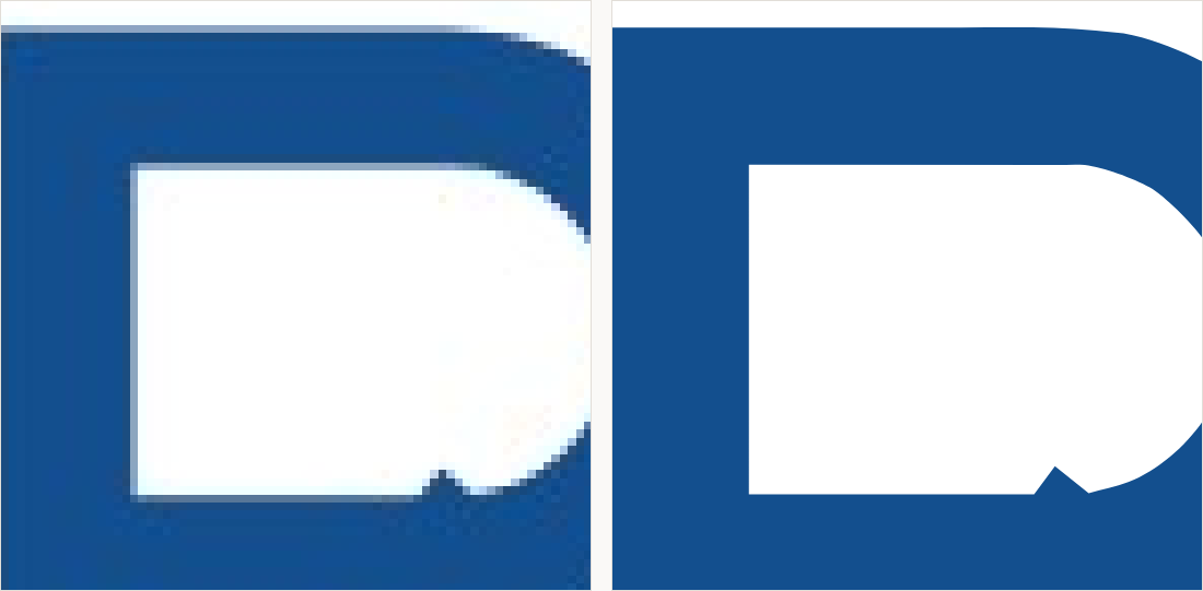 The bowl of the letter magnified: on the left a visible staircase of blue and white pixels; on the right a smooth continuous curve.