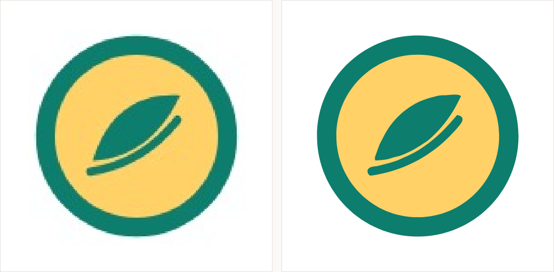 A round badge design in teal and yellow: on the left a small JPEG with muddied colours; on the right flat exact colours and clean edges.