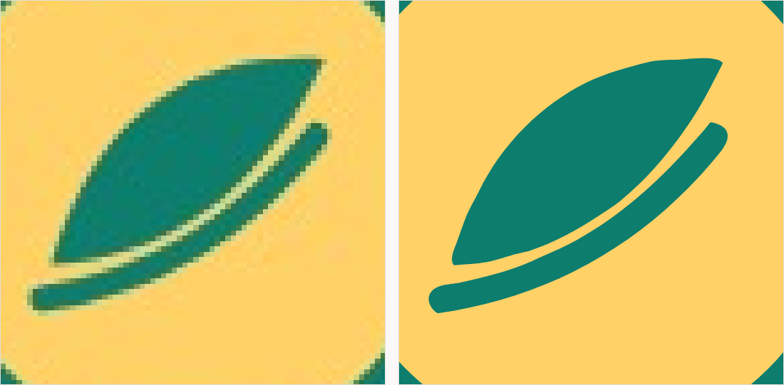 The edge of the badge magnified: on the left the boundary is a gradient of blended pixels; on the right it is a clean single edge.