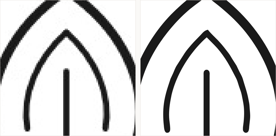 The top of the outline magnified: on the left the stroke breaks into grey blocks; on the right it is one continuous even line.
