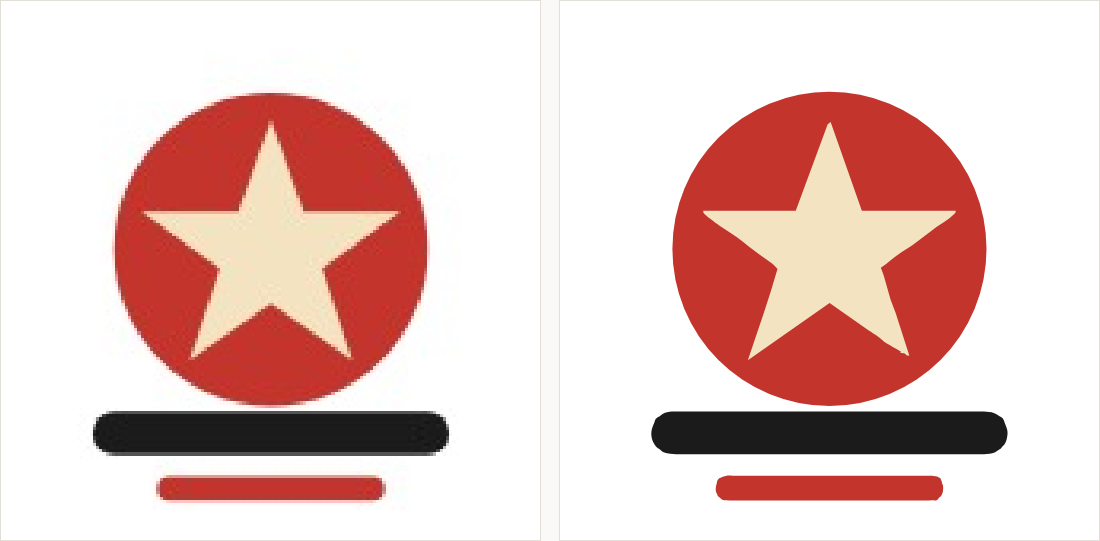 A red circle with a cream star and two bars below: on the left a soft, speckled JPEG; on the right flat separated colours with crisp edges.
