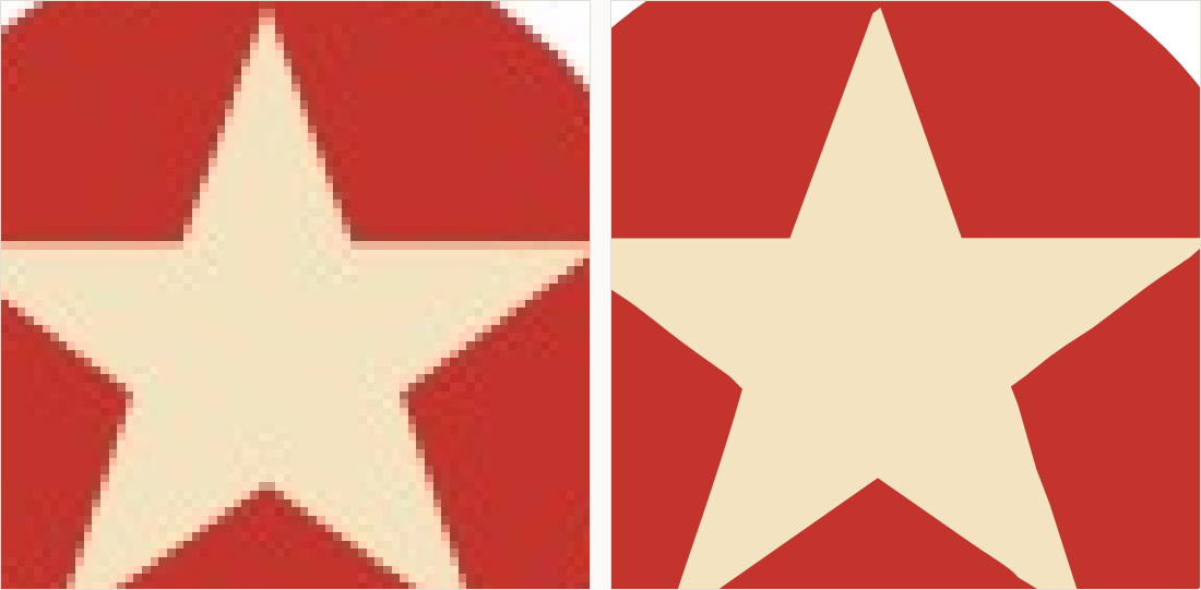 The point of the star magnified: on the left the tip dissolves into speckled pixels; on the right it is a sharp point with straight sides.