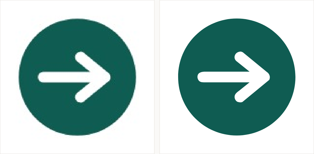 A green disc with a white arrow: on the left a small compressed copy with a ragged circle edge; on the right a clean circle and a sharp arrow.